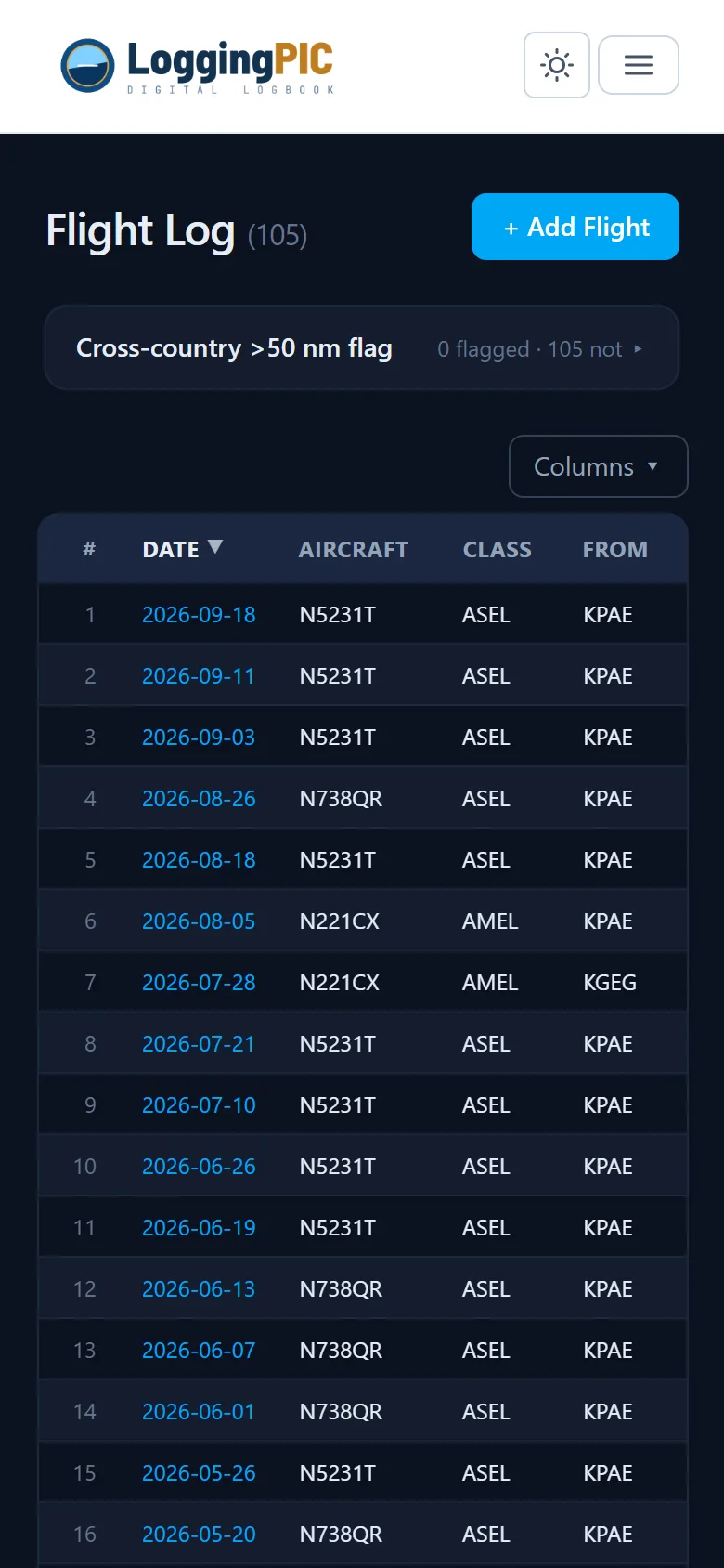 The flight log on a phone.