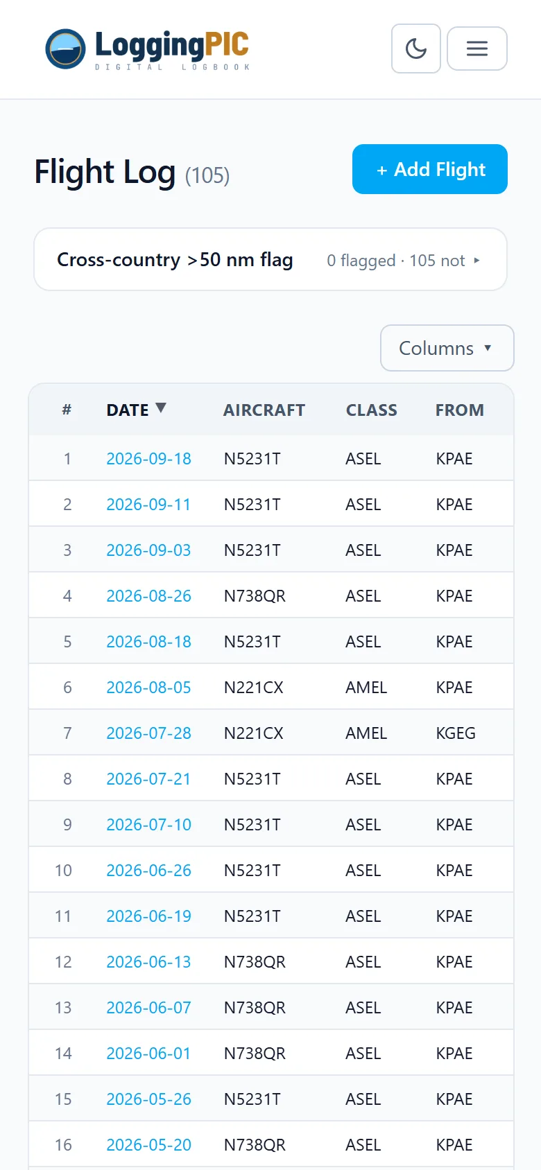 The flight log on a phone.